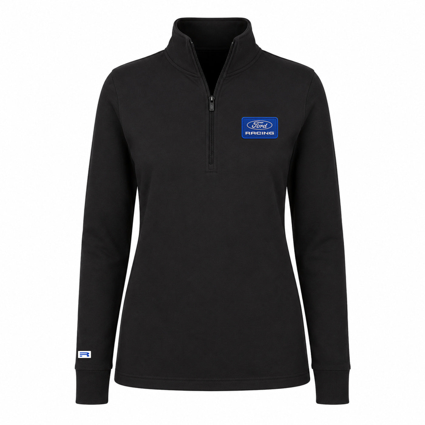 A black long-sleeve quarter-zip pullover with a blue Ford Racing logo patch on the left chest, displayed on a clean white background.